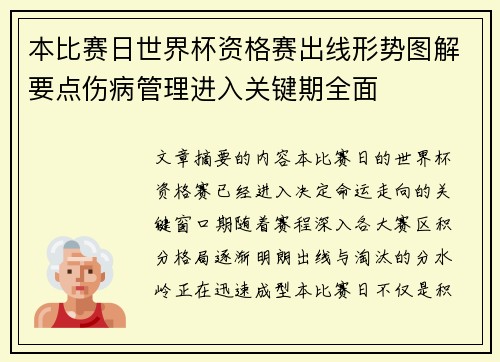 本比赛日世界杯资格赛出线形势图解要点伤病管理进入关键期全面