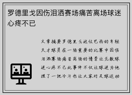 罗德里戈因伤泪洒赛场痛苦离场球迷心疼不已 罗德里戈因伤泪洒赛场痛苦离场球迷心疼不已
